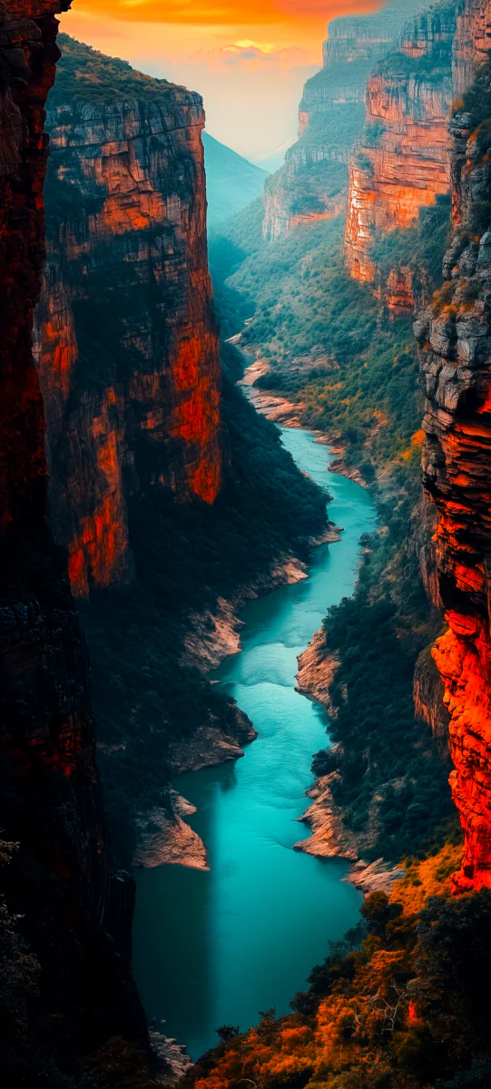 A turquoise river in a deep gorge at sunset