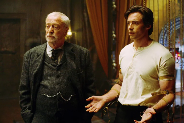 michael caine and hugh jackman in a scene from the movie "the prestige", hugh jackman, michael caine, characters, actors, cinema, men, prestige, movies