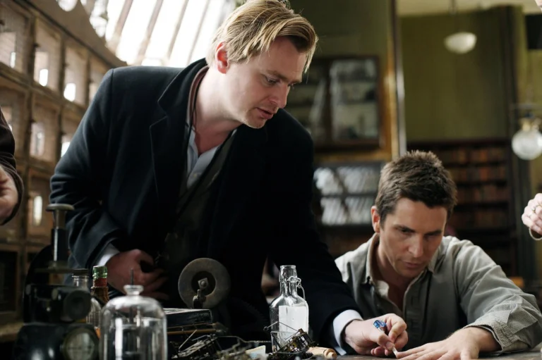 christopher nolan and christian bale on the set of "the prestige", christian bale, characters, actors, christopher nolan, cinema, interiors, men, prestige, movies