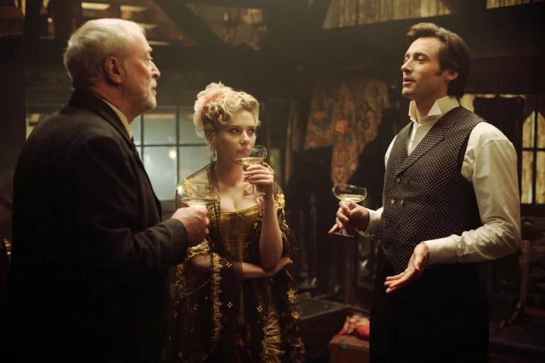 hugh jackman, scarlett johansson, and michael caine in a scene from the movie "the prestige", and michael caine, characters, actors, cinema, men, michael caine, prestige, women, movies