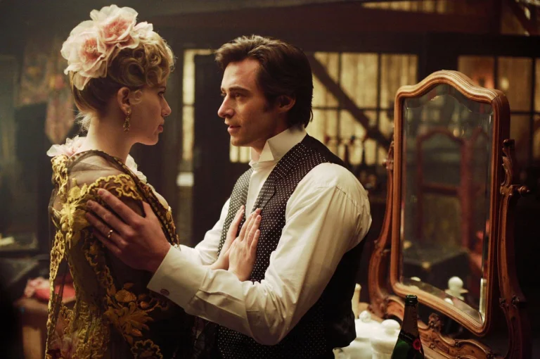hugh jackman and scarlett johansson in a scene from the movie "the prestige", hugh jackman and scarlett johansson, characters, actors, cinema, hugh jackman, interiors, men, prestige, scarlett johansson, women, movies