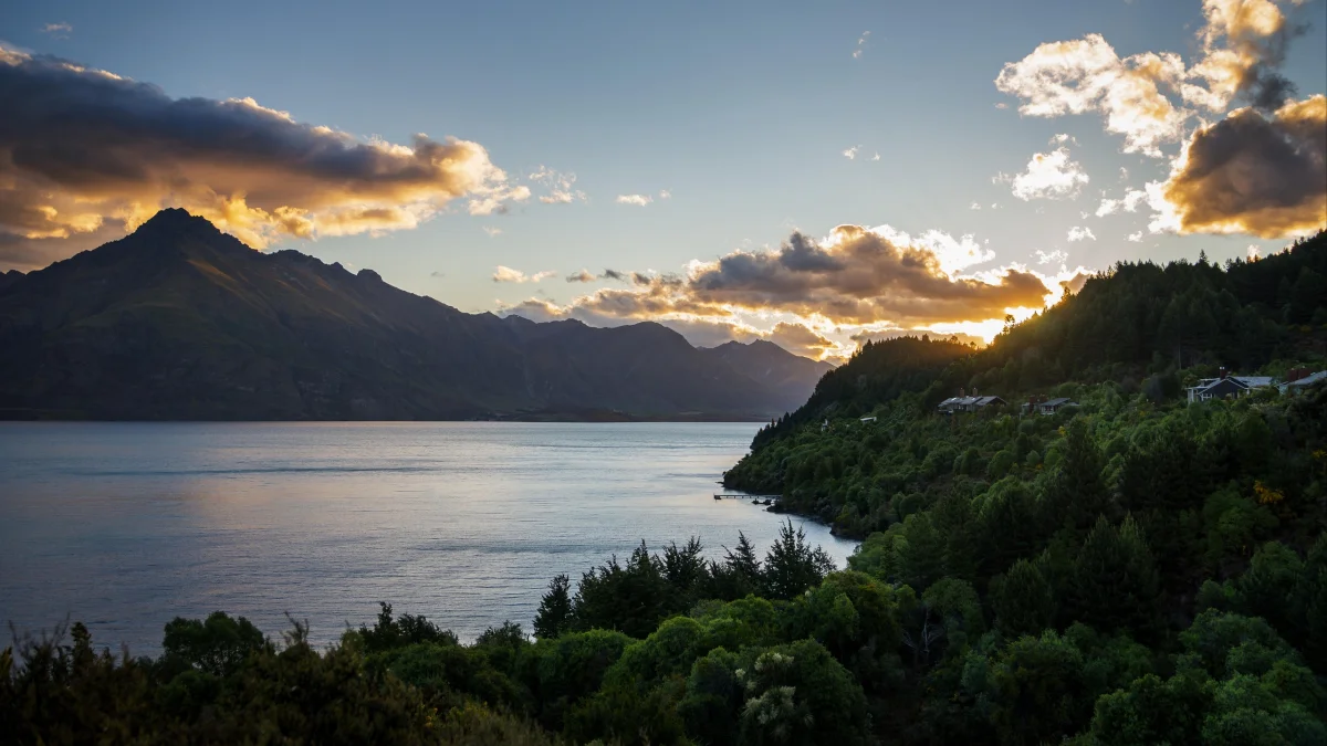 A golden sunset over Lake Wakatipu in New Zealand