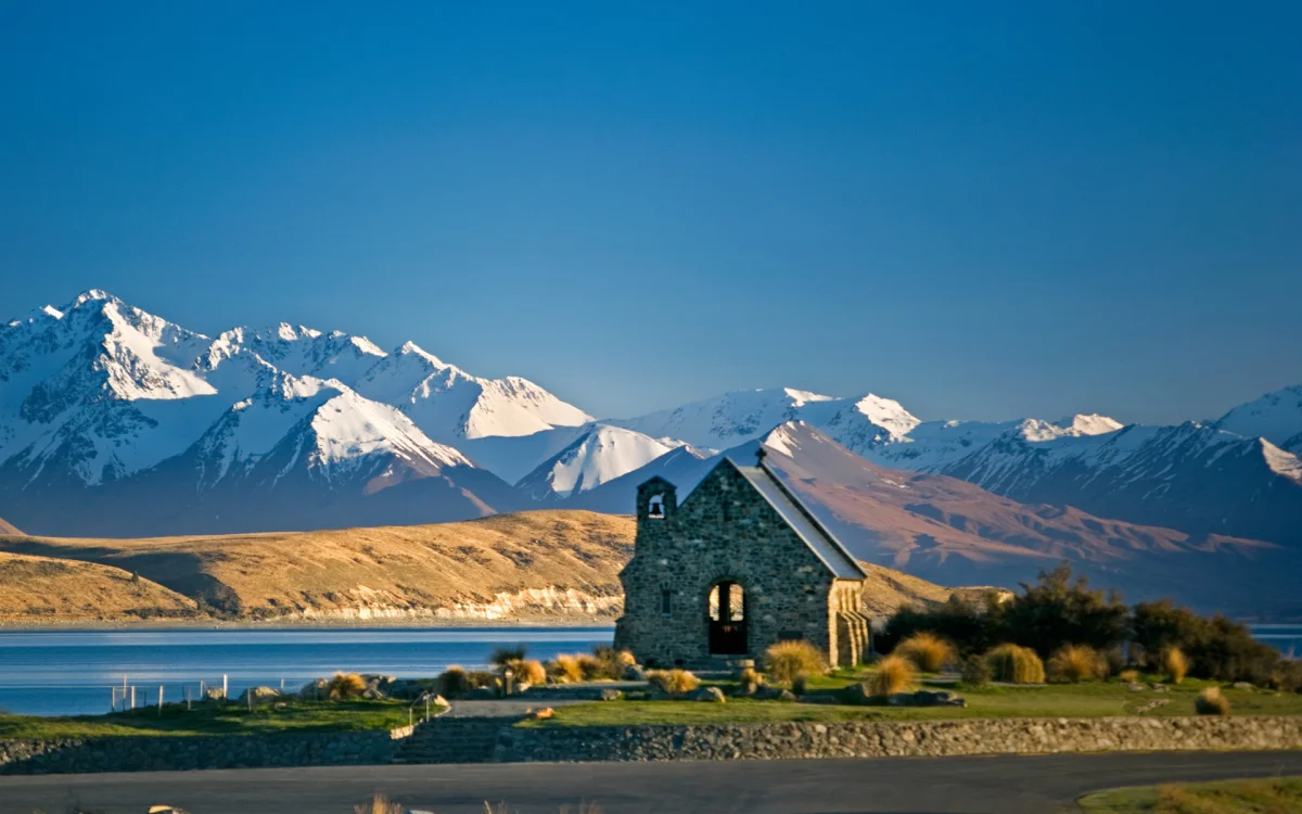 The Church of the Good Shepherd on the shore of Lake Tekapo, bathed in the morning sun