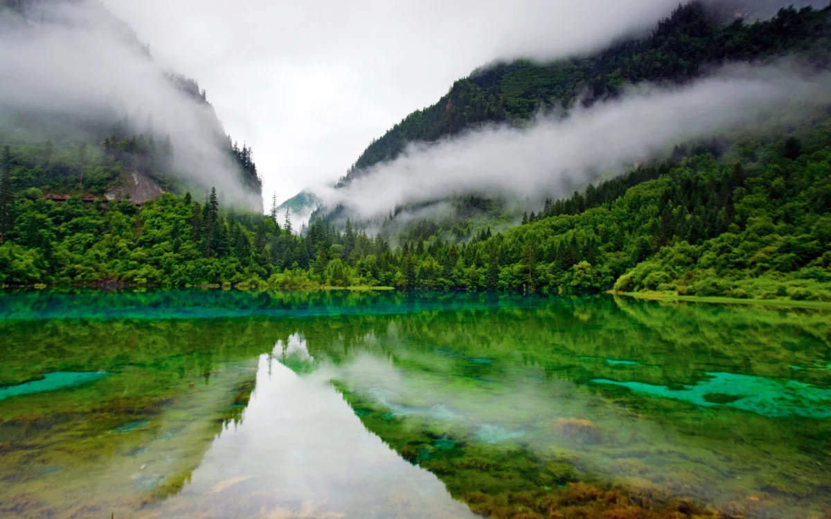 The Emerald Lake of Jiuzhaigou Amid the Clouds