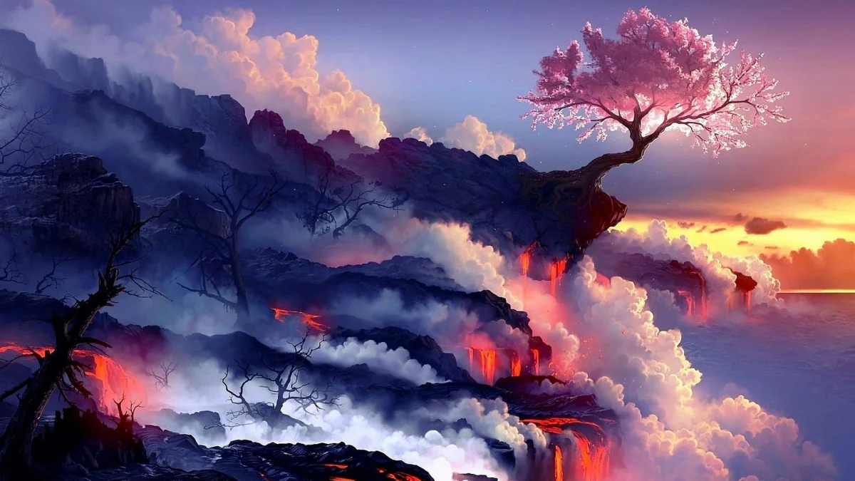 A flowering tree on the edge of a volcanic slope