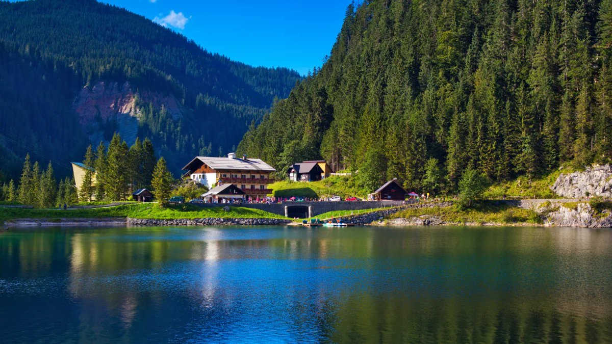 Cozy Alpine cottages on the shores of Lake Gozau in Austria
