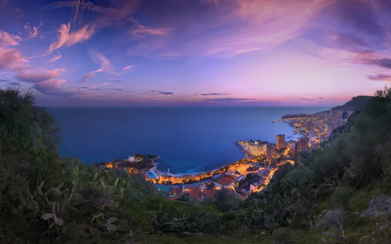 monaco's evening lights against a lilac sky, beaches, coasts, cacti, cities, city, clouds, landscapes, monaco, night lights, lights, streetlights, street lamps, lighting, night, sea, sky, sunsets, sunset, nature, world