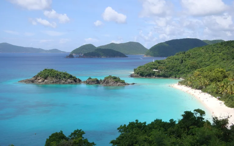 the tropical shore of trunk bay in the u.s. virgin islands, beaches, coasts, clouds, forest, forests, islands, landscapes, mountains, peaks, hills, palm trees, sea, sky, trees, nature, world
