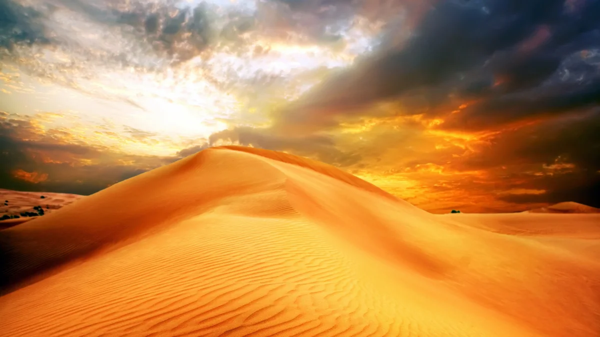 Golden sands beneath a bright sunset sky