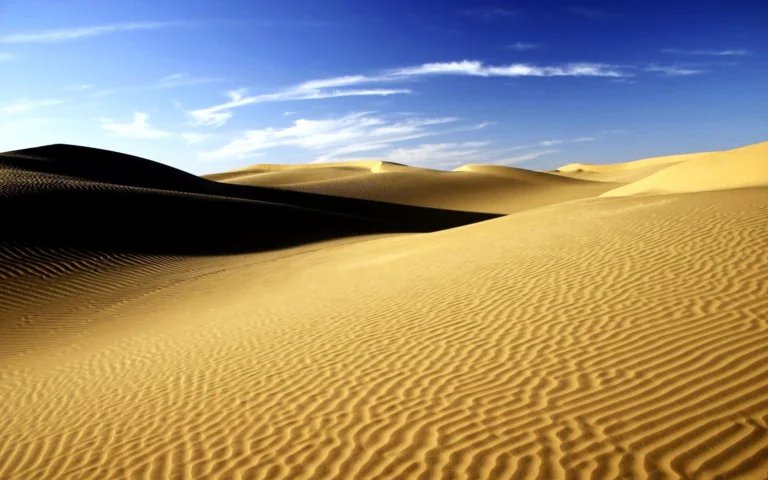 Golden sand dunes under a clear daytime sky