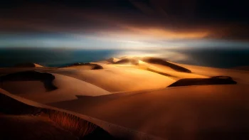 the golden sands of the desert under the pre-sunset sky, deserts, dunes, sand dunes, evening, evenings, twilight, dus, landscapes, sand, sands, sky, sugar, sun, sun rays, sunlight, rays, sunsets, sunset, nature, world