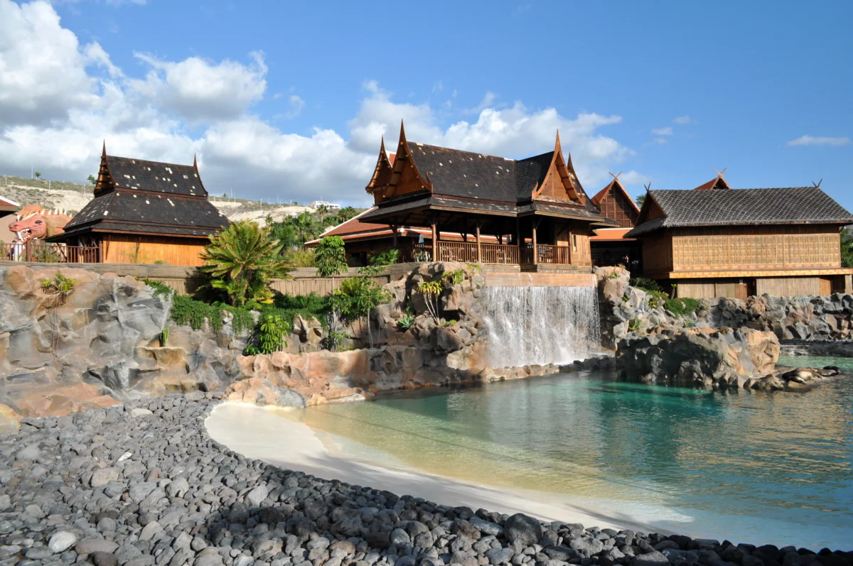 Traditional Thai buildings in Siam Park on Tenerife