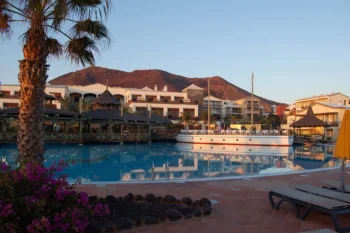 A resort hotel in the Canary Islands bathed in the glow of the setting sun