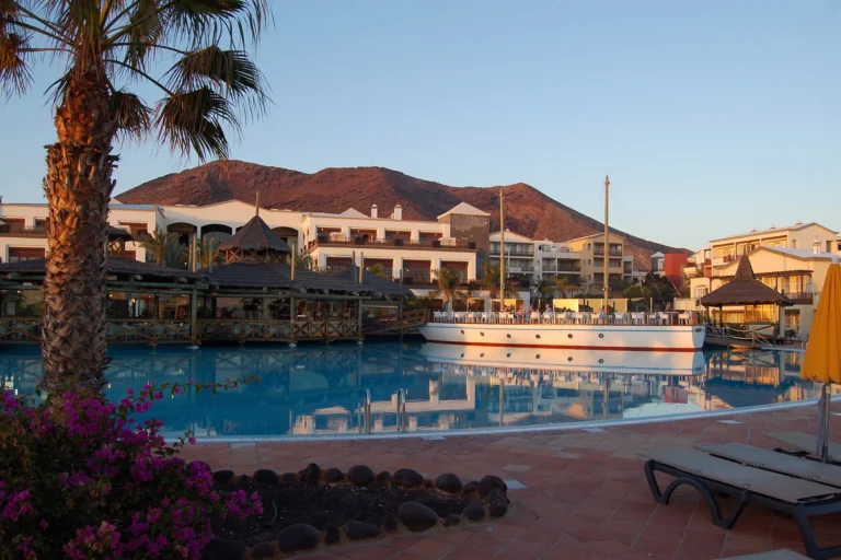 A resort hotel in the Canary Islands bathed in the glow of the setting sun
