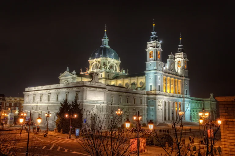 Night view of Almudena Cathedral in Madrid