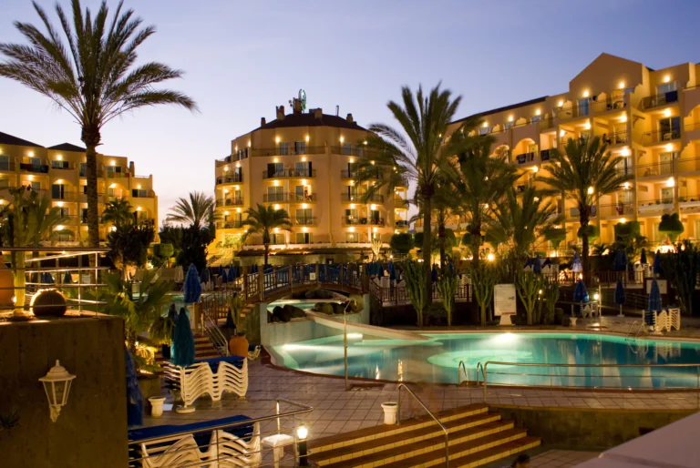 Evening lights at a resort hotel in Spain