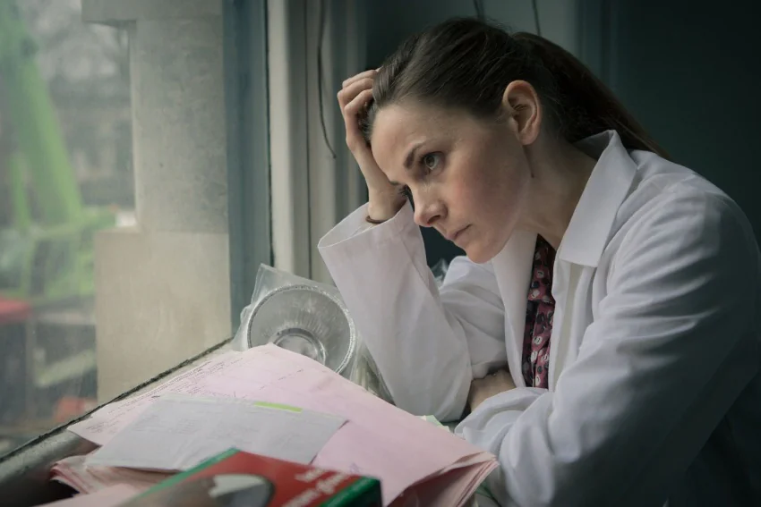 A pensive Louise Briley in the hospital lab