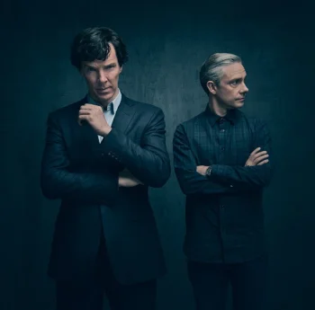 benedict cumberbatch and martin freeman against a dark background, benedict cumberbatch, martin freeman, characters, actors, look, views, glance, men, sherlock, tv shows, movies, cinema