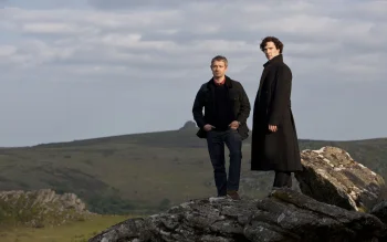 benedict cumberbatch and martin freeman against a backdrop of rolling hills, benedict cumberbatch, martin freeman, characters, actors, cliffs, clouds, landscapes, men, mountains, peaks, hills, sherlock, sky, tv shows, movies, cinema