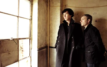 sherlock holmes and john watson by a window in a london setting, benedict cumberbatch, martin freeman, characters, actors, men, sherlock, tv shows, movies, cinema