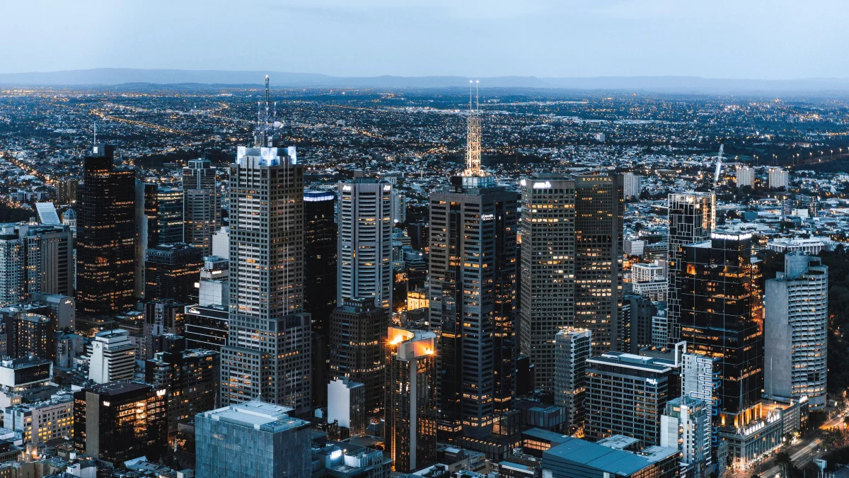 the lights of melbourne at night, as seen from the skyscrapers, australia, cities, city, cityscape, cityscapes, evening, evenings, twilight, dus, night lights, lights, streetlights, street lamps, lighting, night, skyscrapers, architecture
