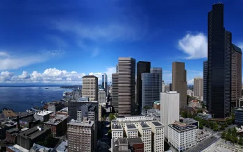 seattle's modern skyscrapers against the backdrop of elliott bay, elliot, u.s., cities, city, cityscape, cityscapes, clouds, seattle, sky, skyscrapers, streets, usa, united states, architecture