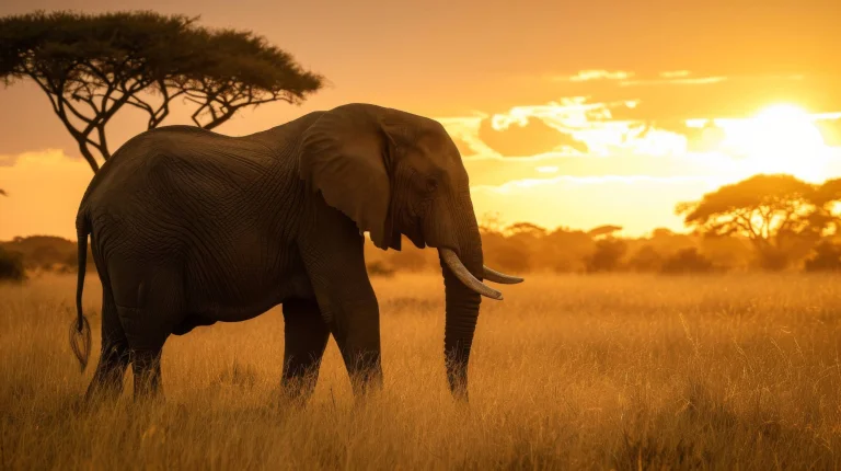 an african elephant bathed in the rays of the setting sun on the savanna, africa, elephants, herb, herbs, lawns, landscapes, savanna, sun, sun rays, sunlight, rays, sunsets, sunset, trees, wild animals, fauna, animals