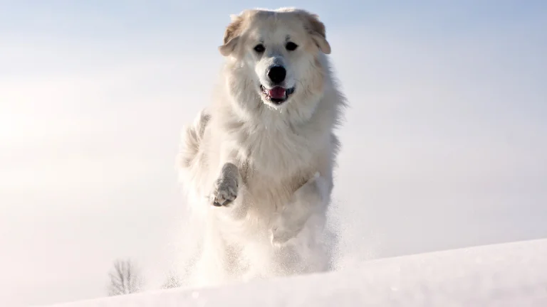 a pyrenean mountain dog runs across a snow-covered field, pyrenean mountain dog, dogs, pyrenean mountain dogs, snow, winter, winters, animals, fauna