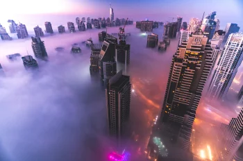 Dubai's skyscrapers in the morning fog