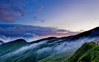 the misty slopes of the hehuanshan mountains, clouds, fog, landscapes, mountains, peaks, hills, roads, highways, motorways, avenues, driveways, passageways, sky, taiwan, nature, world