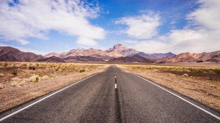 An endless highway in the Nevada desert under a bright midday sky