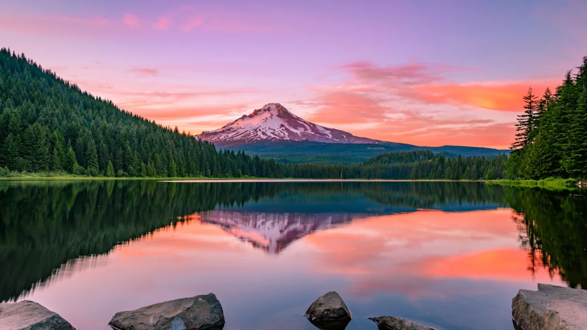 A pink sunset over Mount Hood and Trillium Lake in Oregon