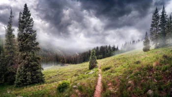 A mountain trail in the Rocky Mountains under stormy skies
