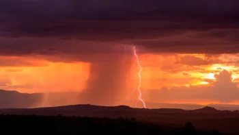 Lightning in a stormy sky over the U.S. horizon at sunset