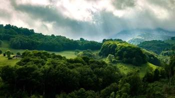 Sunbeams shine through the clouds above the green hills