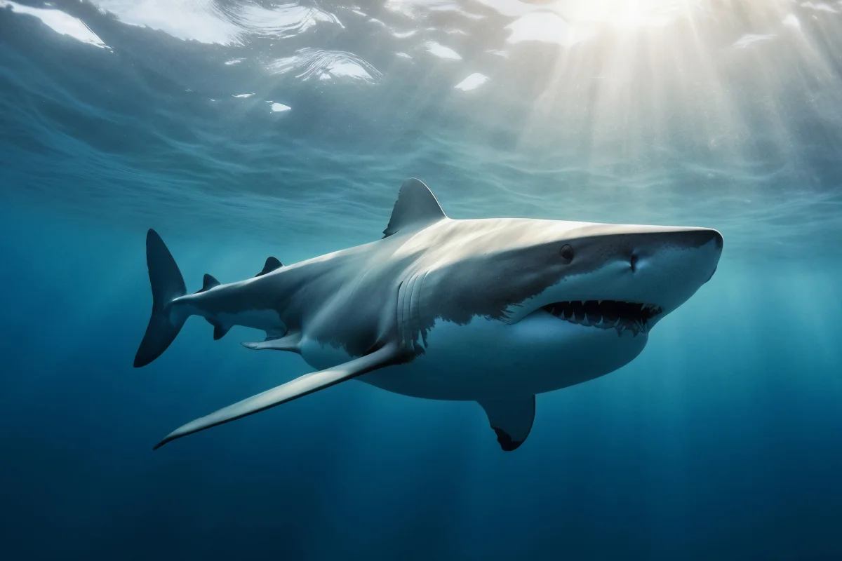A great white shark in the rays of light beneath the ocean's surface