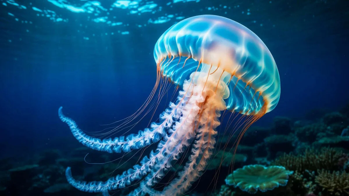 A glowing jellyfish in the depths of the dark ocean