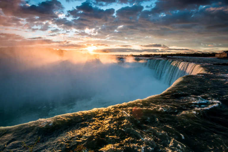 Niagara Falls in the rays of the setting sun