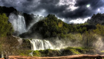 the cascades of the marmore waterfall in italy, marmore, italy, clouds, fog, forest, forests, herb, herbs, lawns, landscapes, mountains, peaks, hills, parks, national parks, sky, splashes, trees, waterfalls, nature