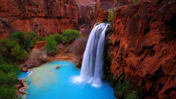 the turquoise waters of the hawasu waterfall, red canyon, united states, canyons, cliffs, grand canyon, landscapes, mountains, peaks, hills, rivers, canals, streams, trees, usa, waterfalls, nature