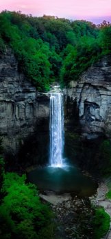 Taghannok Falls, surrounded by dense forest at sunset