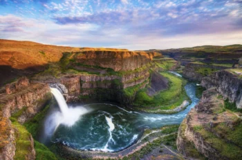 Palouse Falls bathed in the glow of the setting sun in Washington State