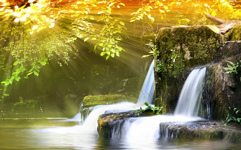 sunbeams filtering through the dense foliage above the forest waterfall, ferns, lakes, bodies of water, landscapes, leaves, foliage, leafage, frondage, moss, rays, stones, trees, waterfalls, nature