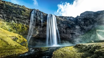 the waterfalls of seljalandsfoss, seljalandsfoss, iceland, cliffs, clouds, herb, herbs, lawns, landscapes, mountains, peaks, hills, rivers, canals, streams, sky, waterfalls, nature
