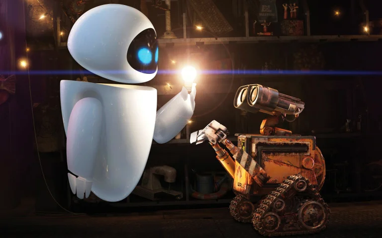 Eva and WALL-E with a light bulb