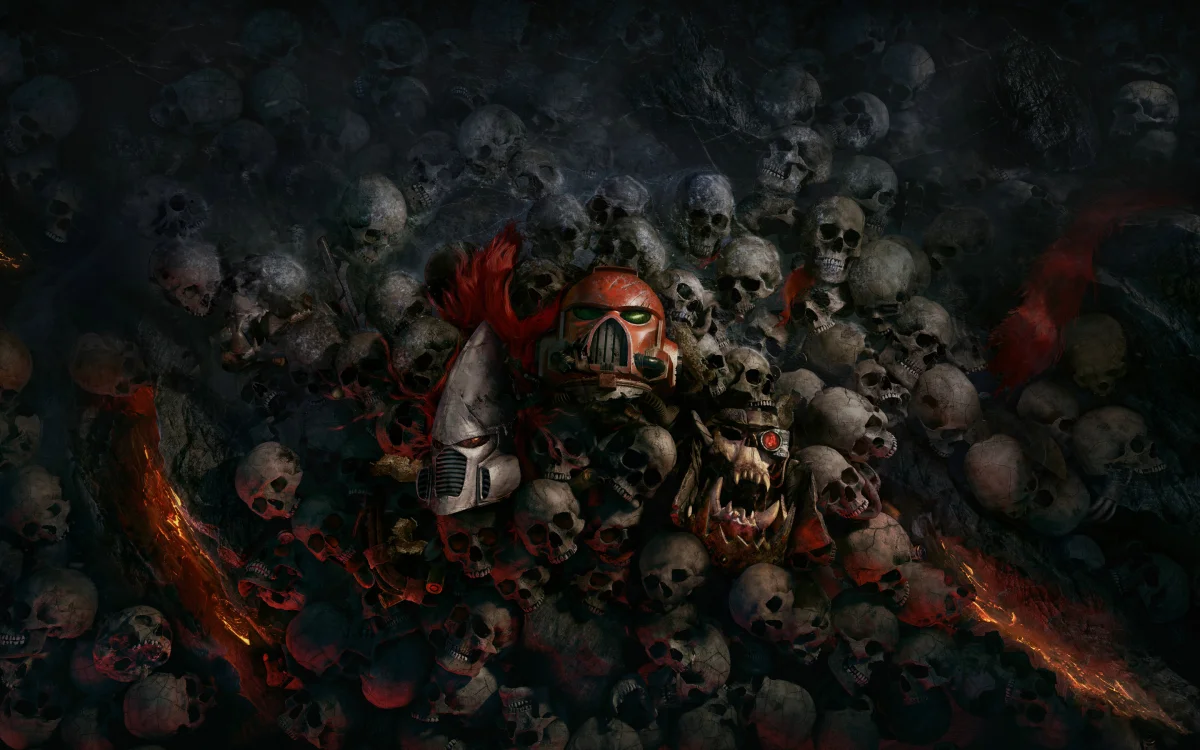 Warriors' helmets amid a mountain of skulls in the gloomy light of lava