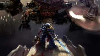 space marine vs. orc dreadnought, characters, actors, fantasy, robots, swords, warhammer, warriors, weapon, games