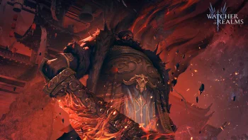A warrior in heavy armor against a backdrop of red flames