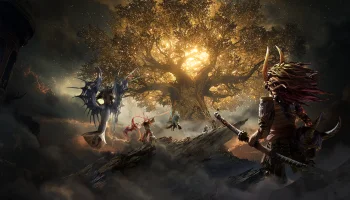 the radiant tree of life, surrounded by warriors from "watcher of realms", characters, actors, cliffs, fantasy, fog, sun, sun rays, sunlight, rays, swords, trees, warriors, watcher of realms, wings, games