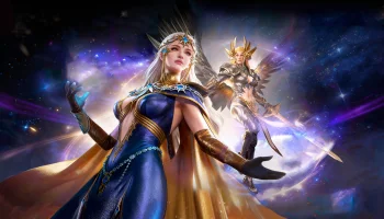 valkyrie, lyra, blondes, crowns, fantasy, galaxies, girls, young women, sky, stars, swords, watcher of realms, wings, games